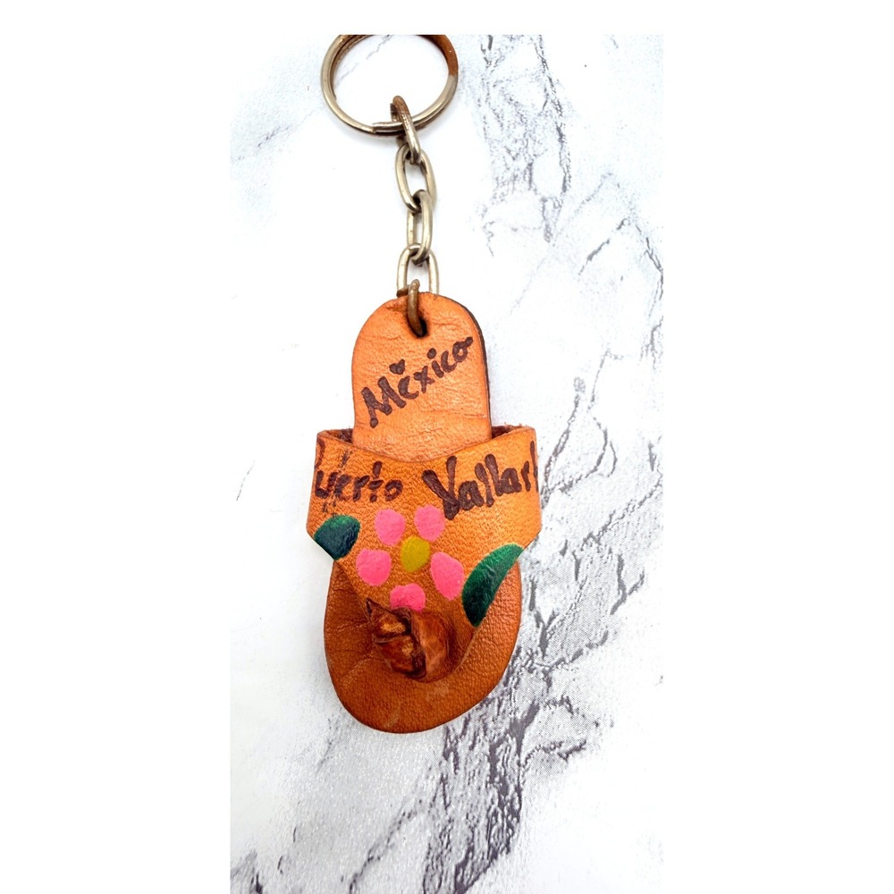 Puerto Vallarta Mexico Flip Flop Keychain Painted Faux Leather Souvenir